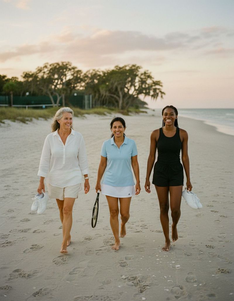 Three players walking the beach after a match